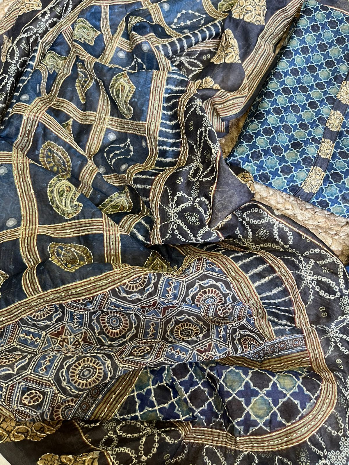 Maheshwari Kantha work Ajrakh Unstitched suit