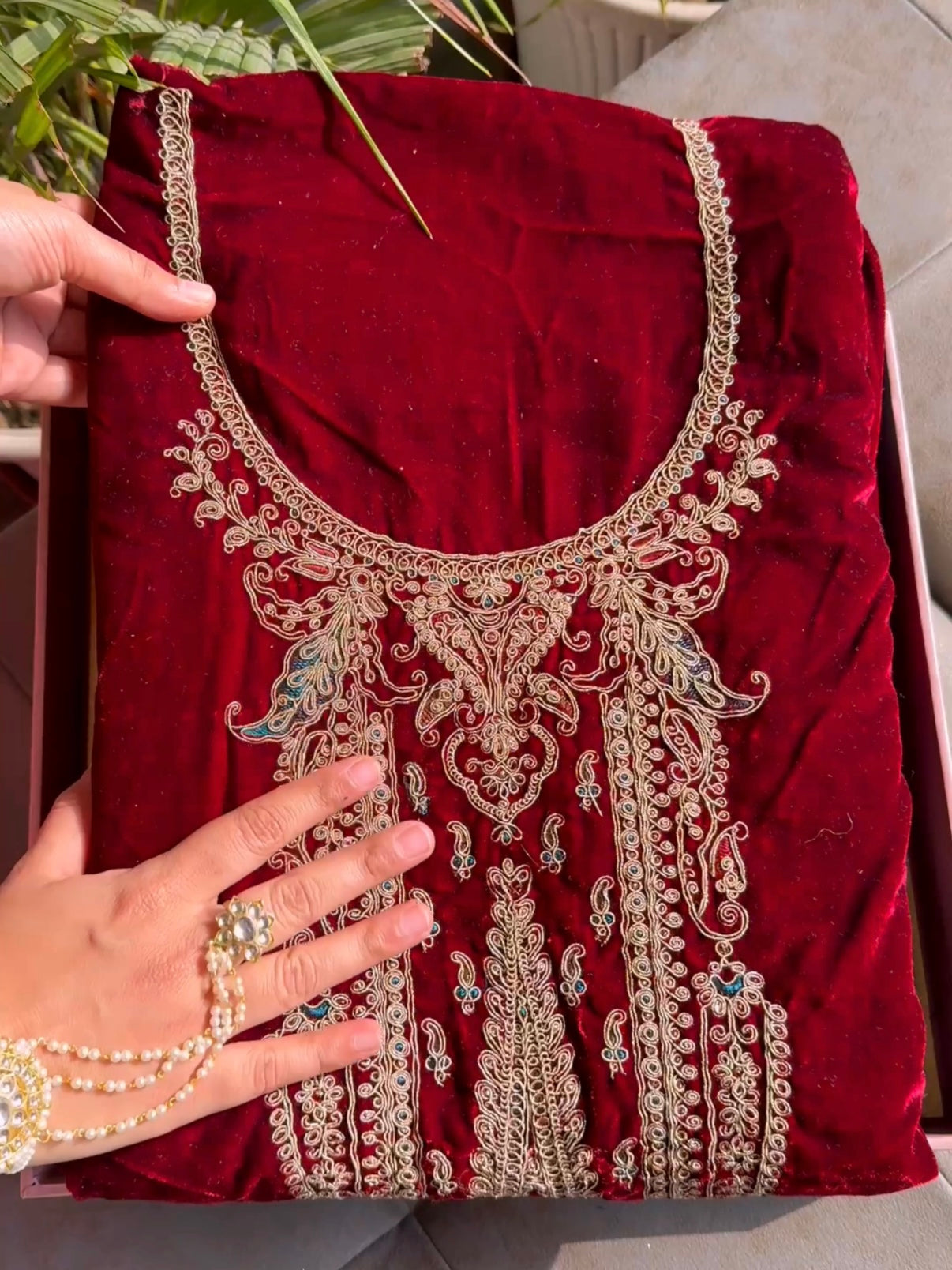 Velvet brocade marori aari work suit
