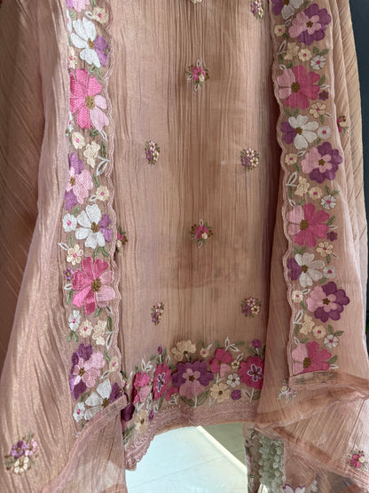Luxurious Mul chanderi appliqué work floral suit