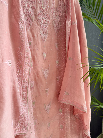 Luxurious Mul chanderi lucknowi tulip and hearts suit