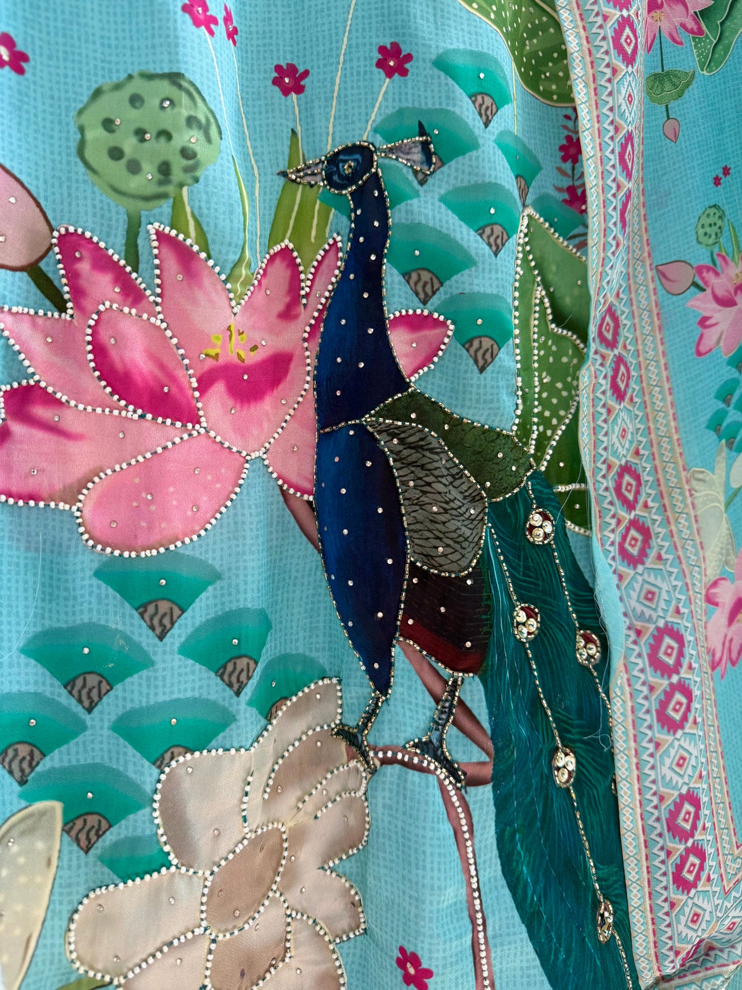 Soft silk peacock hand work suit
