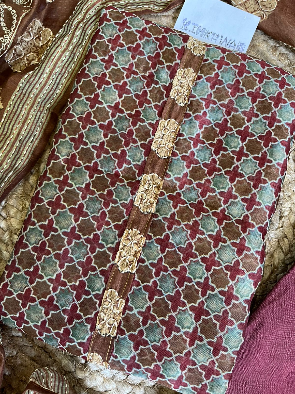 Maheshwari Kantha work Ajrakh Unstitched suit