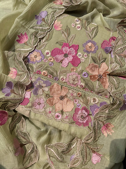 Luxurious Mul chanderi appliqué work floral suit