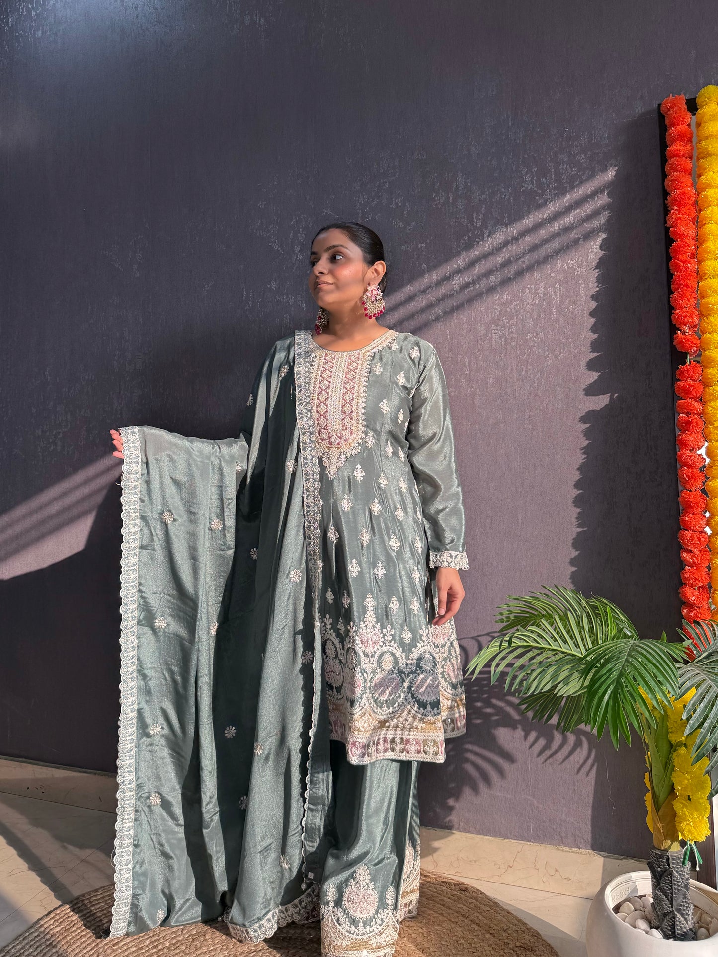 Chinon embroidered Anarkali Sharara suit