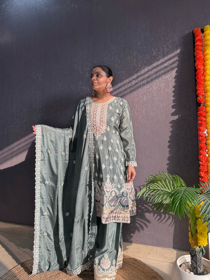 Chinon embroidered Anarkali Sharara suit