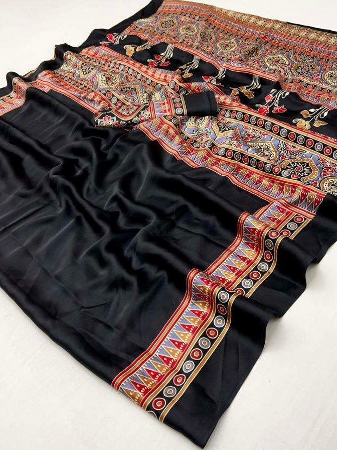 Satin crepe Ajrakh printed saree