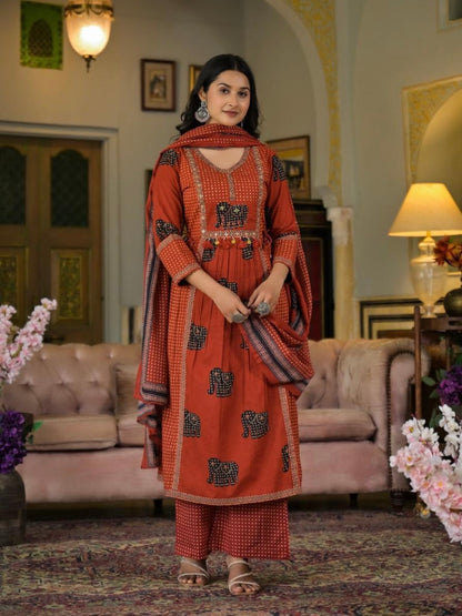 Ajrakh elephants handwork A line suit set