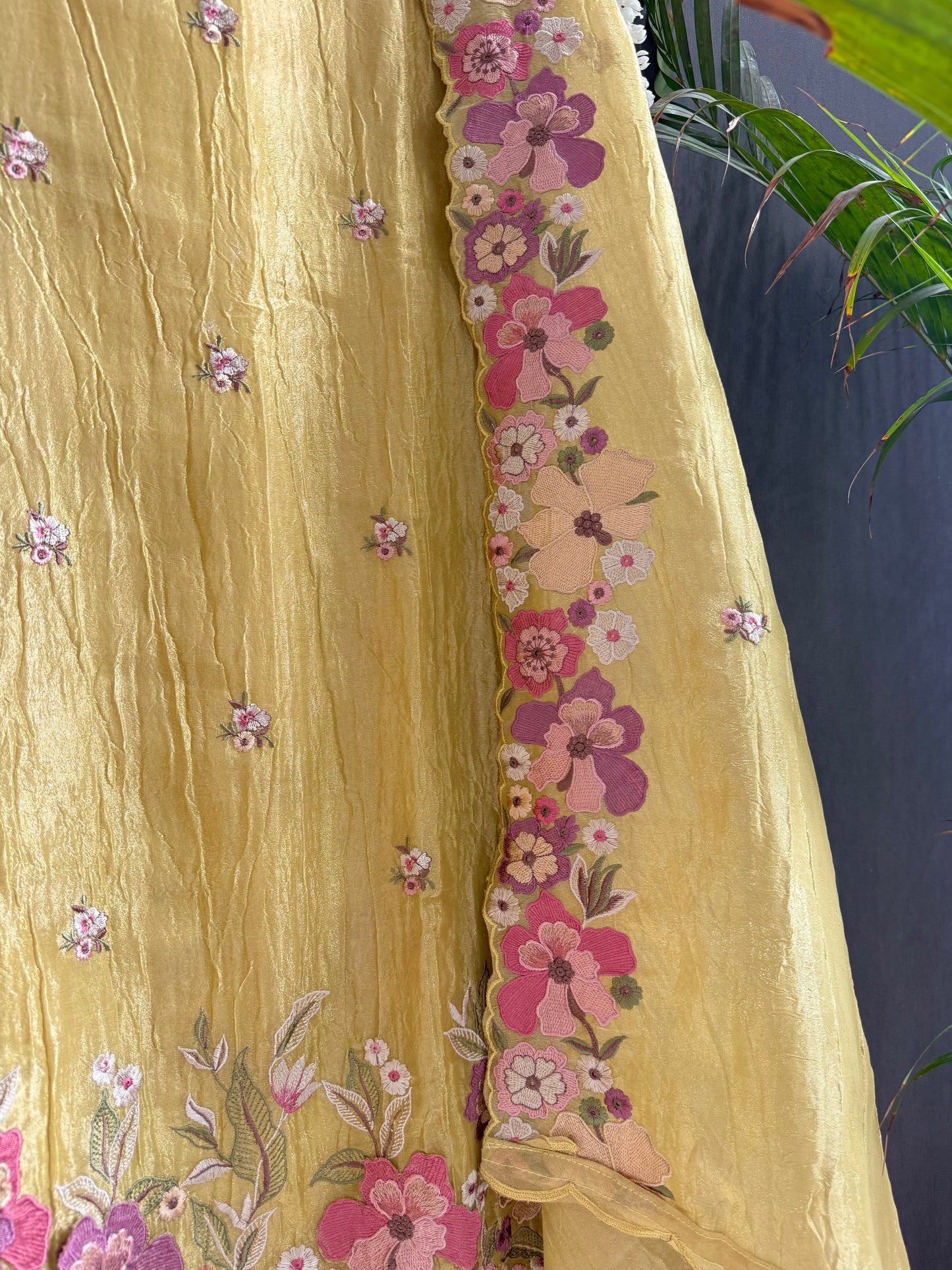 Luxurious Mul chanderi appliqué work floral suit