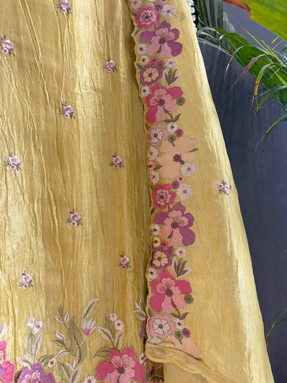 Luxurious Mul chanderi appliqué work floral suit