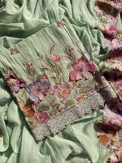 Luxurious Mul chanderi appliqué work floral suit