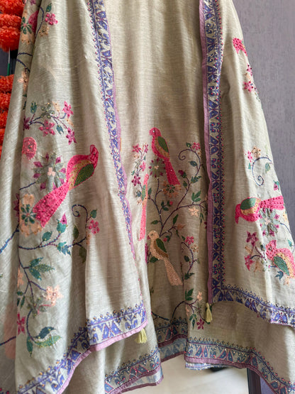 Pure linen birds frenchknot kantha work suit