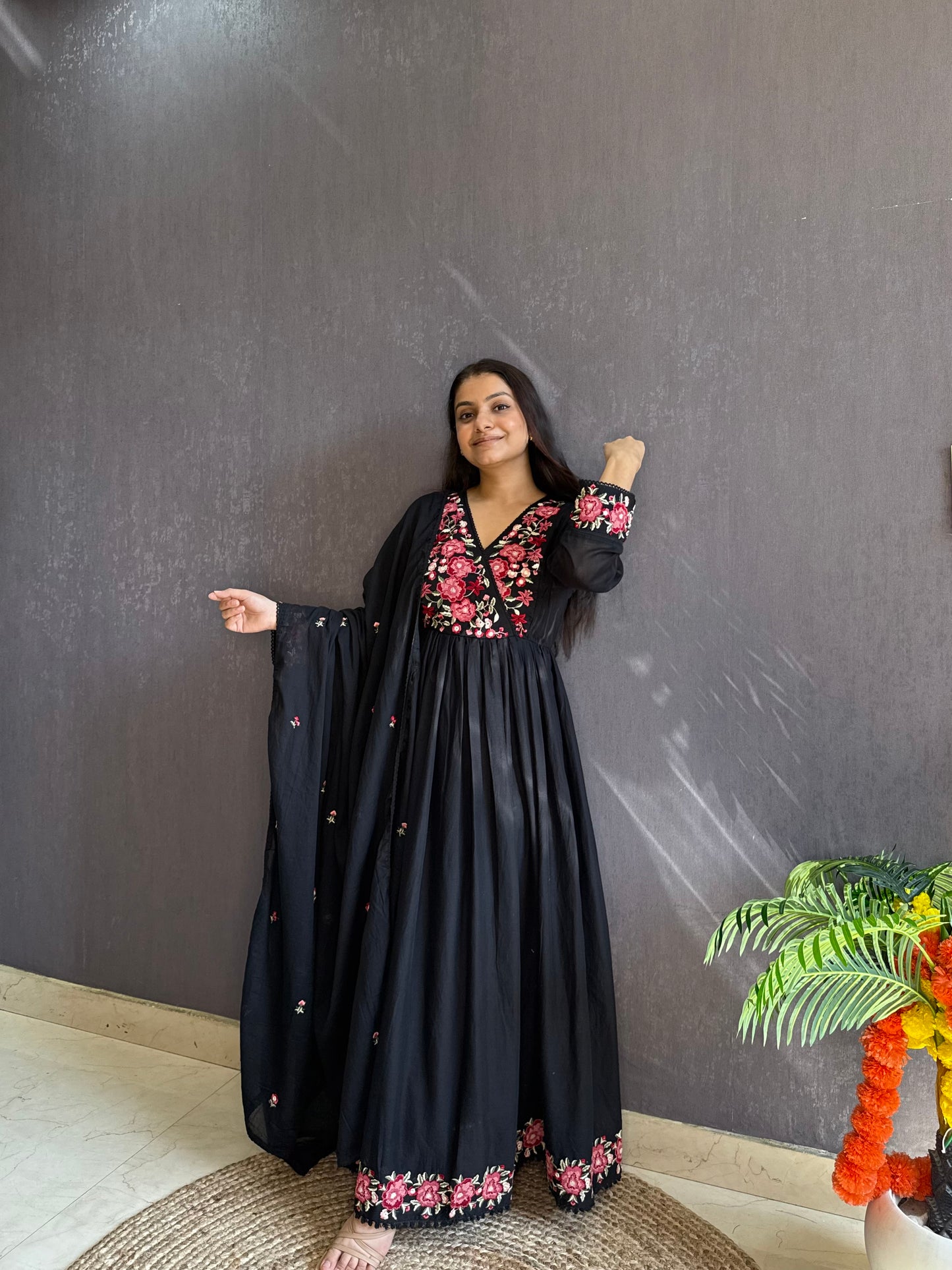 Mal cotton roses embroidered Anarkali