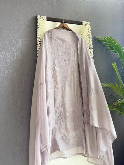 Luxurious Mul chanderi monochromatic threadwork suit