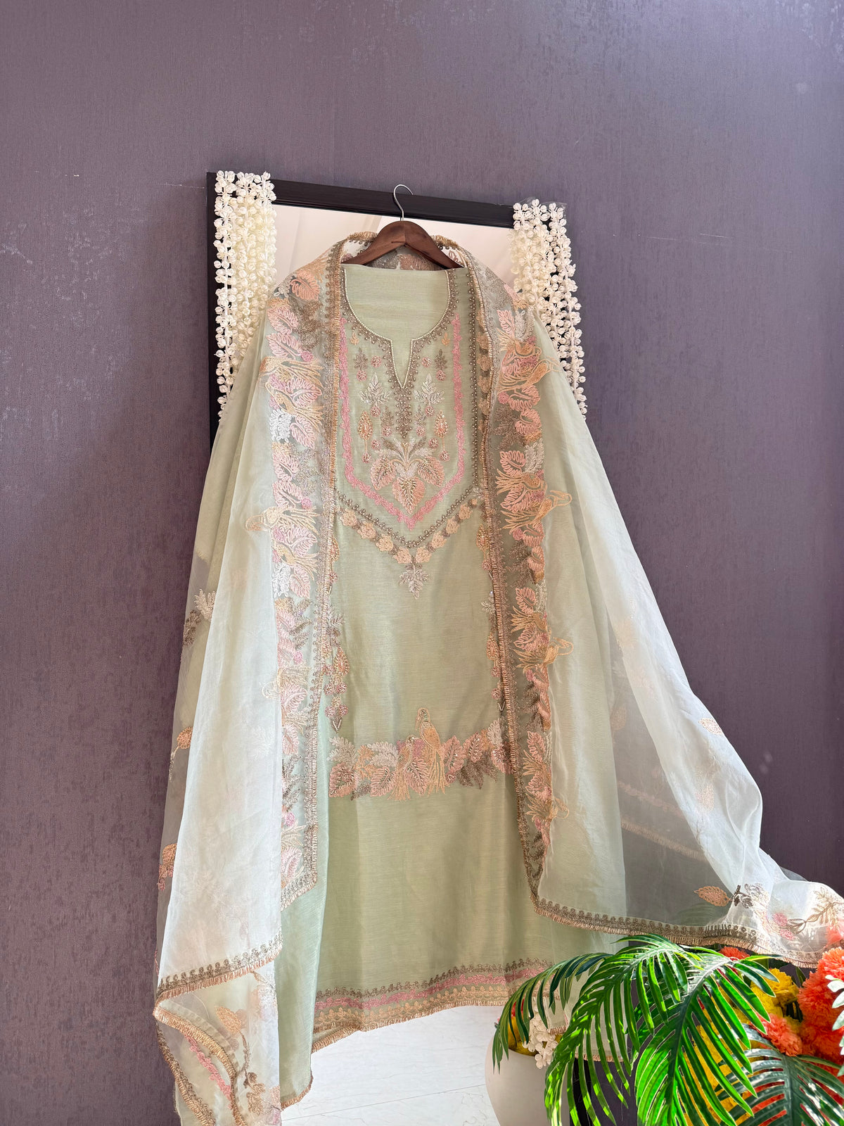 Premium tissue linen silk hand embroidered suit