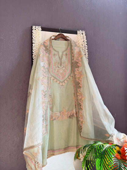 Premium tissue linen silk hand embroidered suit