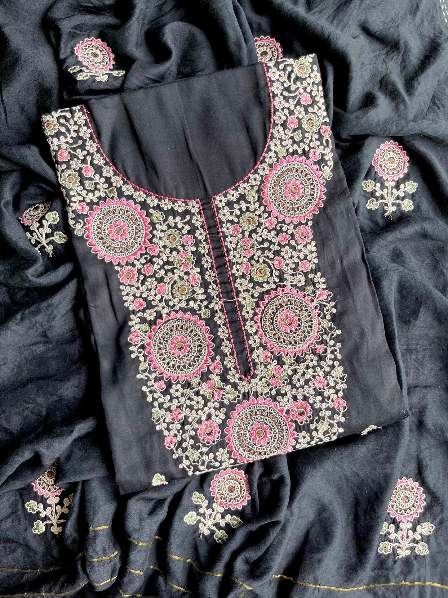 Satin Aari work unstitched suits