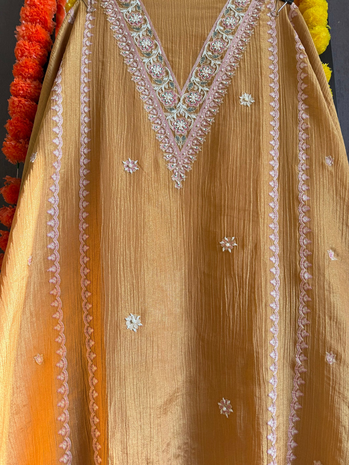 Crush tissue kashmiri aari work suit