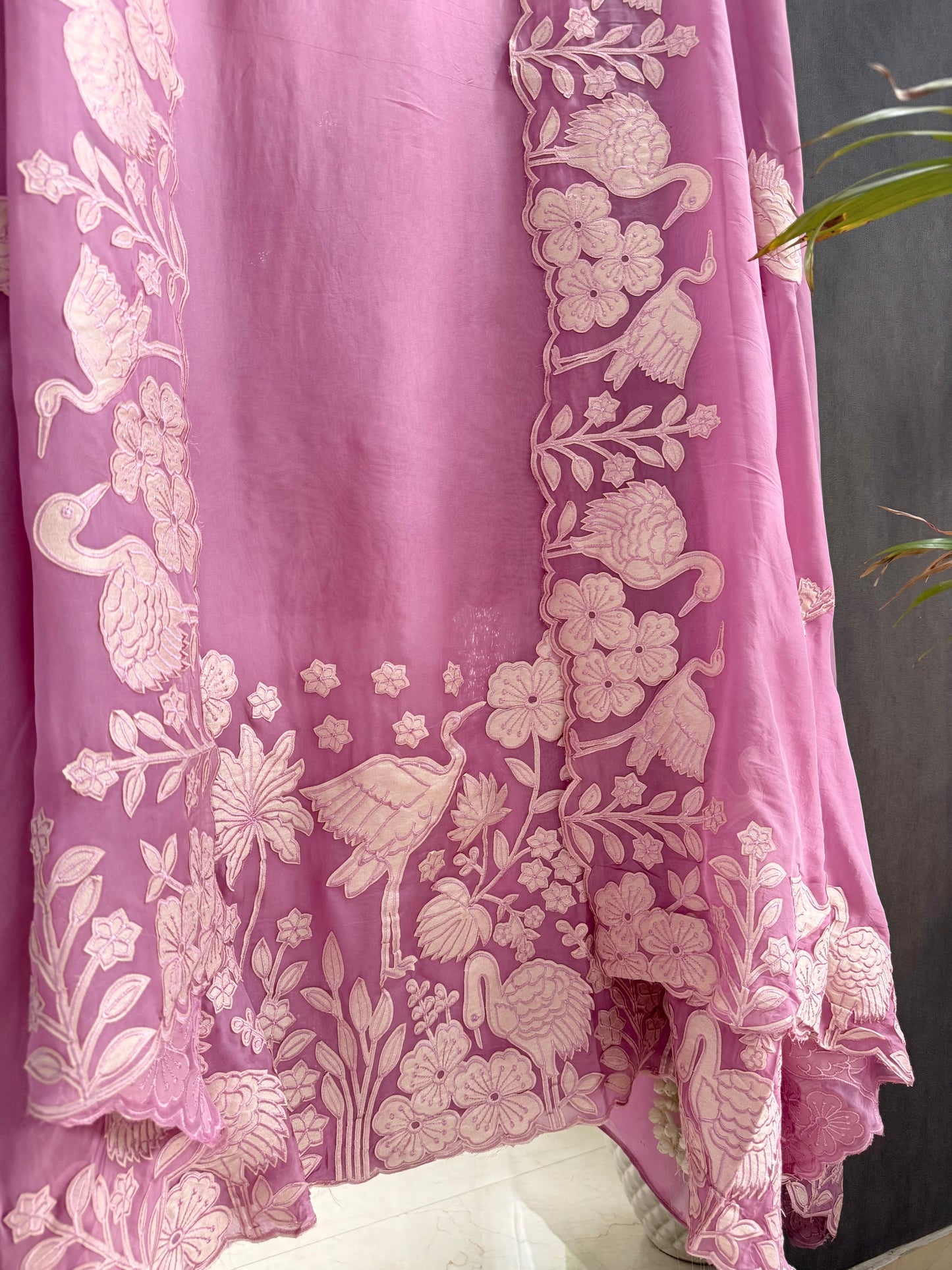 Organza appliqué work flamingos suit