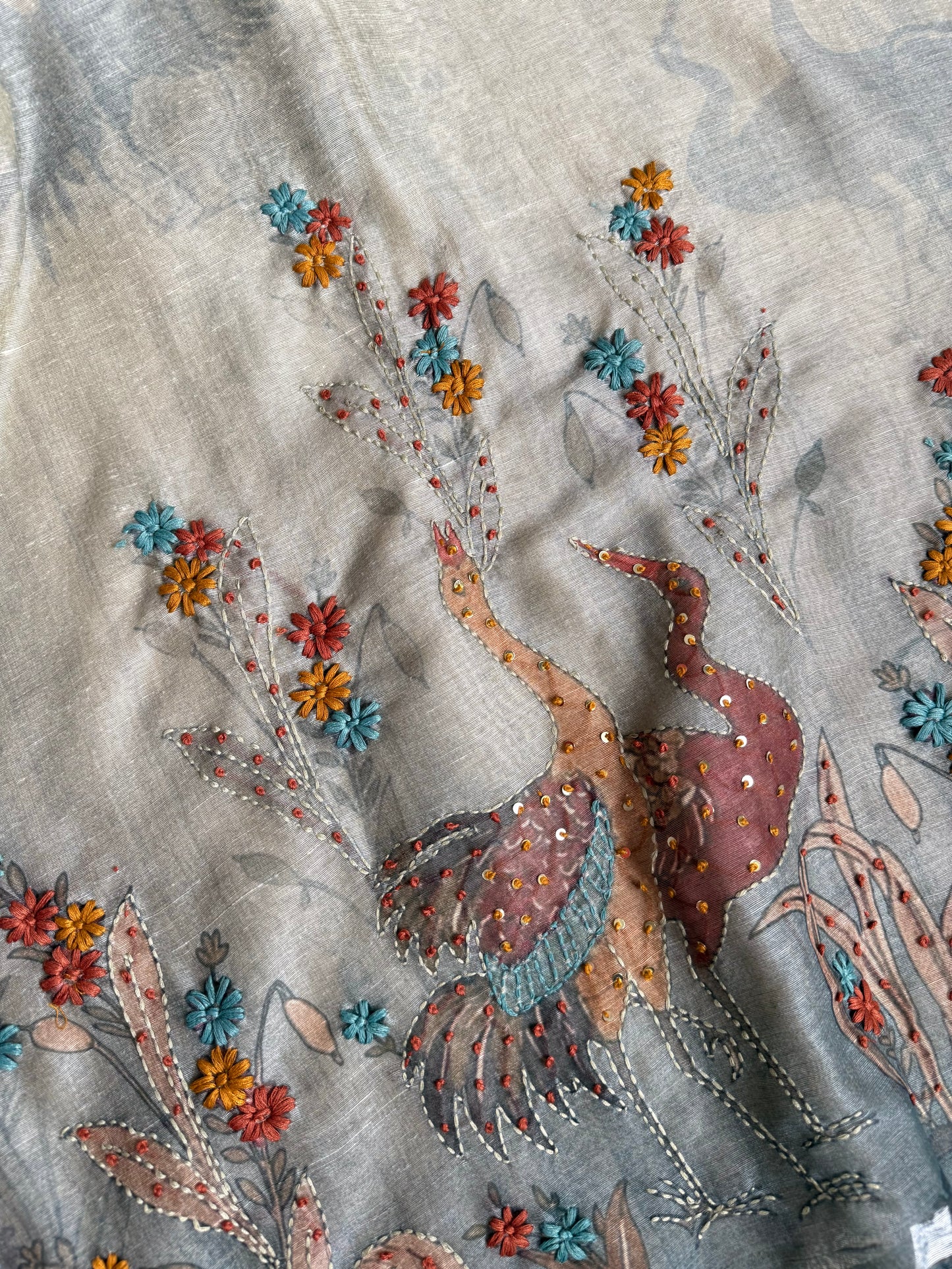 Pure linen birds frenchknot kantha work suit