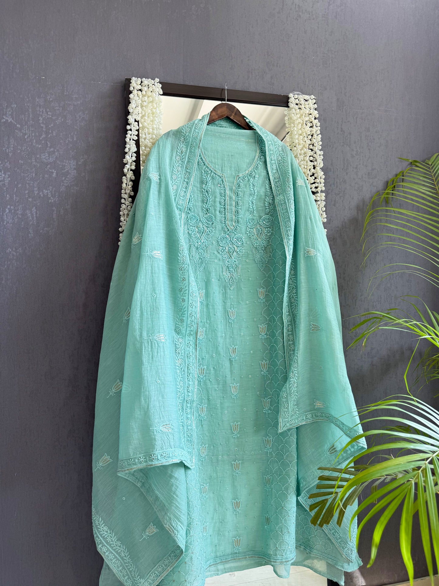 Luxurious Mul chanderi lucknowi lotus and hearts suit