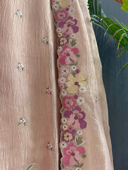 Luxurious Mul chanderi appliqué work floral suit