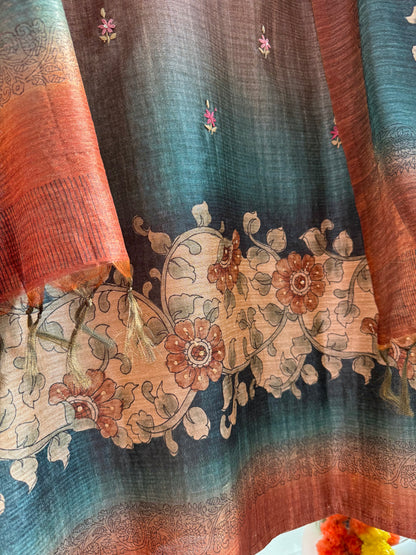 Pure linen frenchknot kalamkari suit