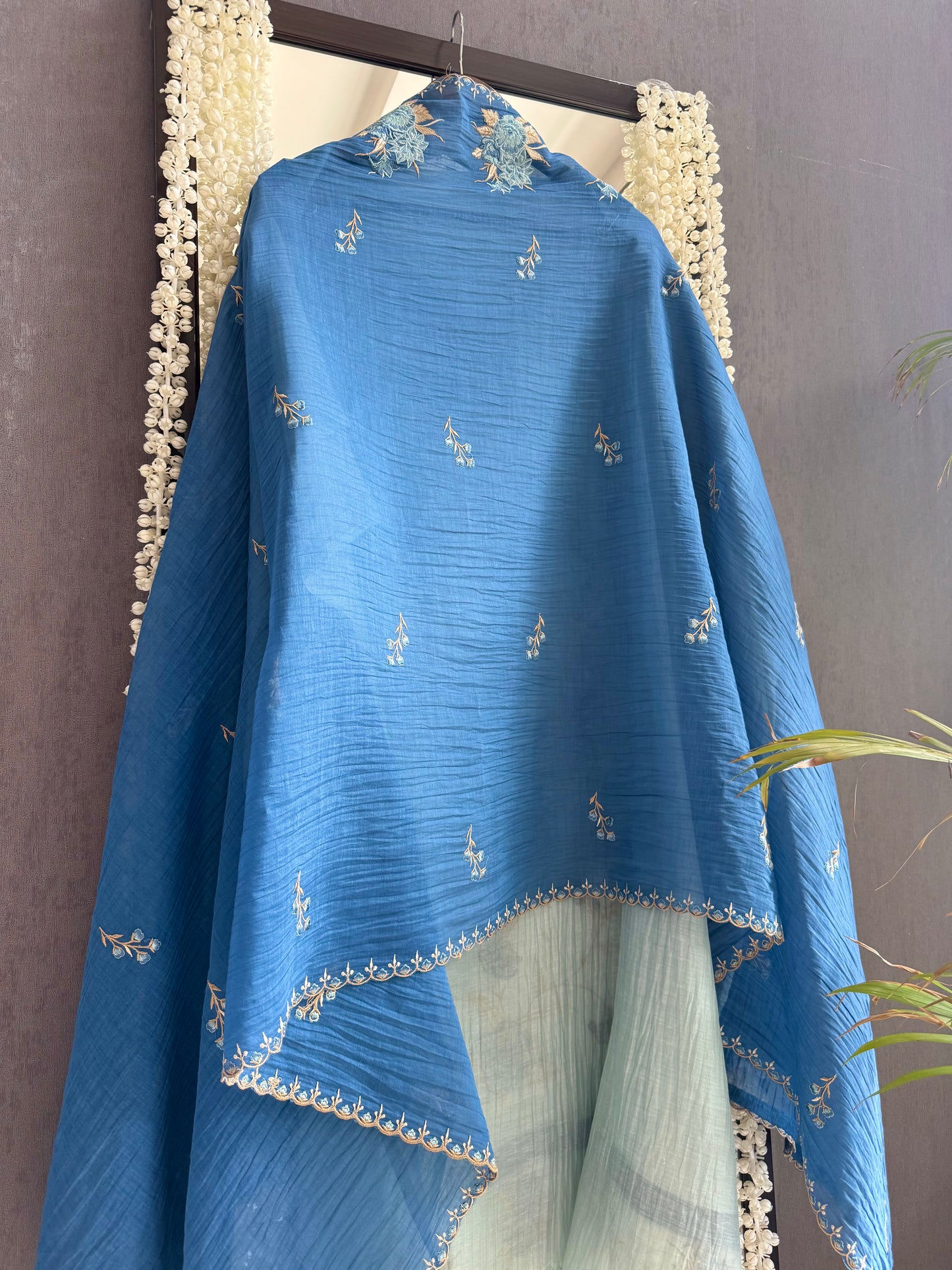 Luxurious Mul chanderi appliqué floral suit