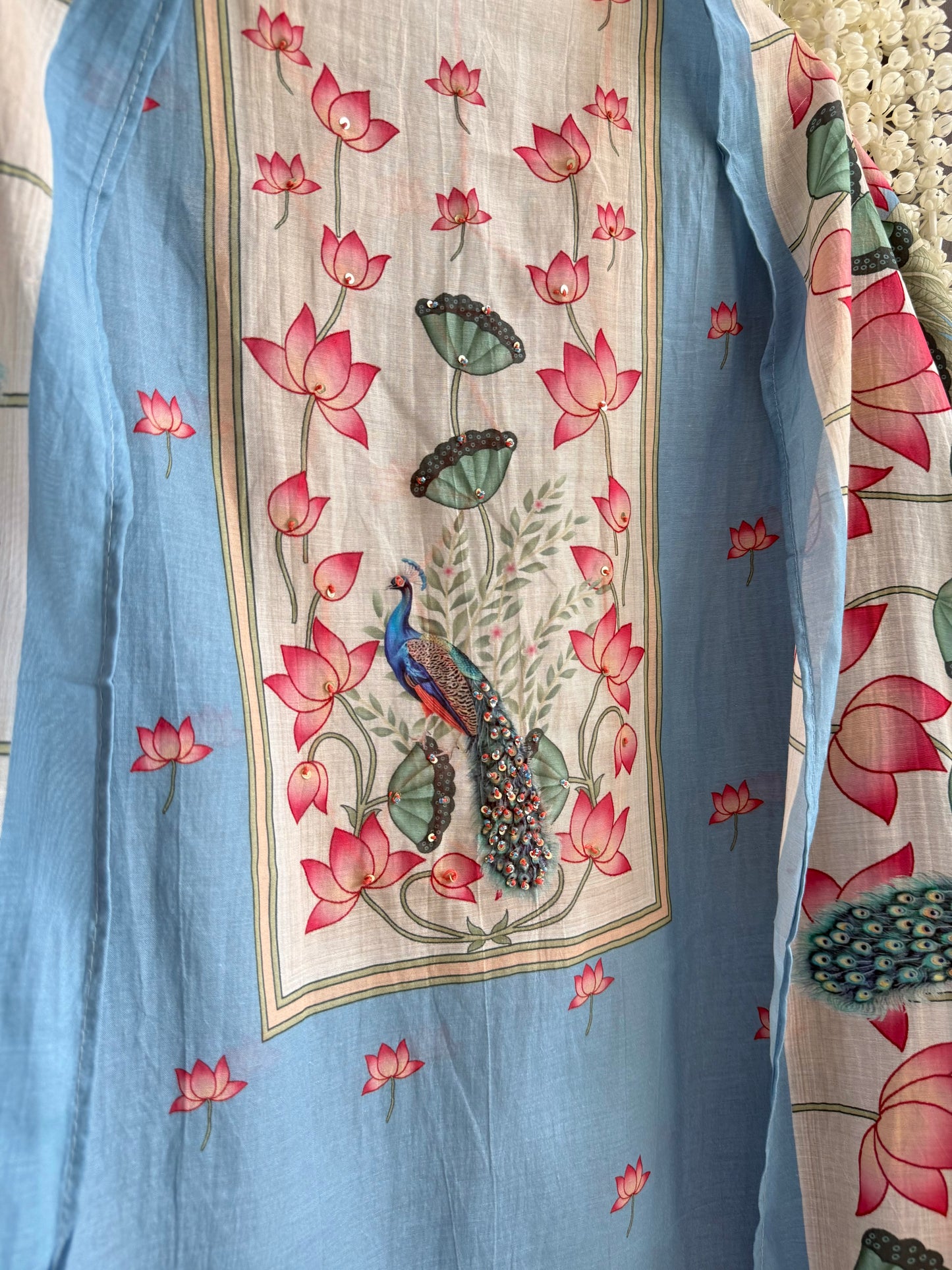 Mulmul cotton deers peacock handwork suit