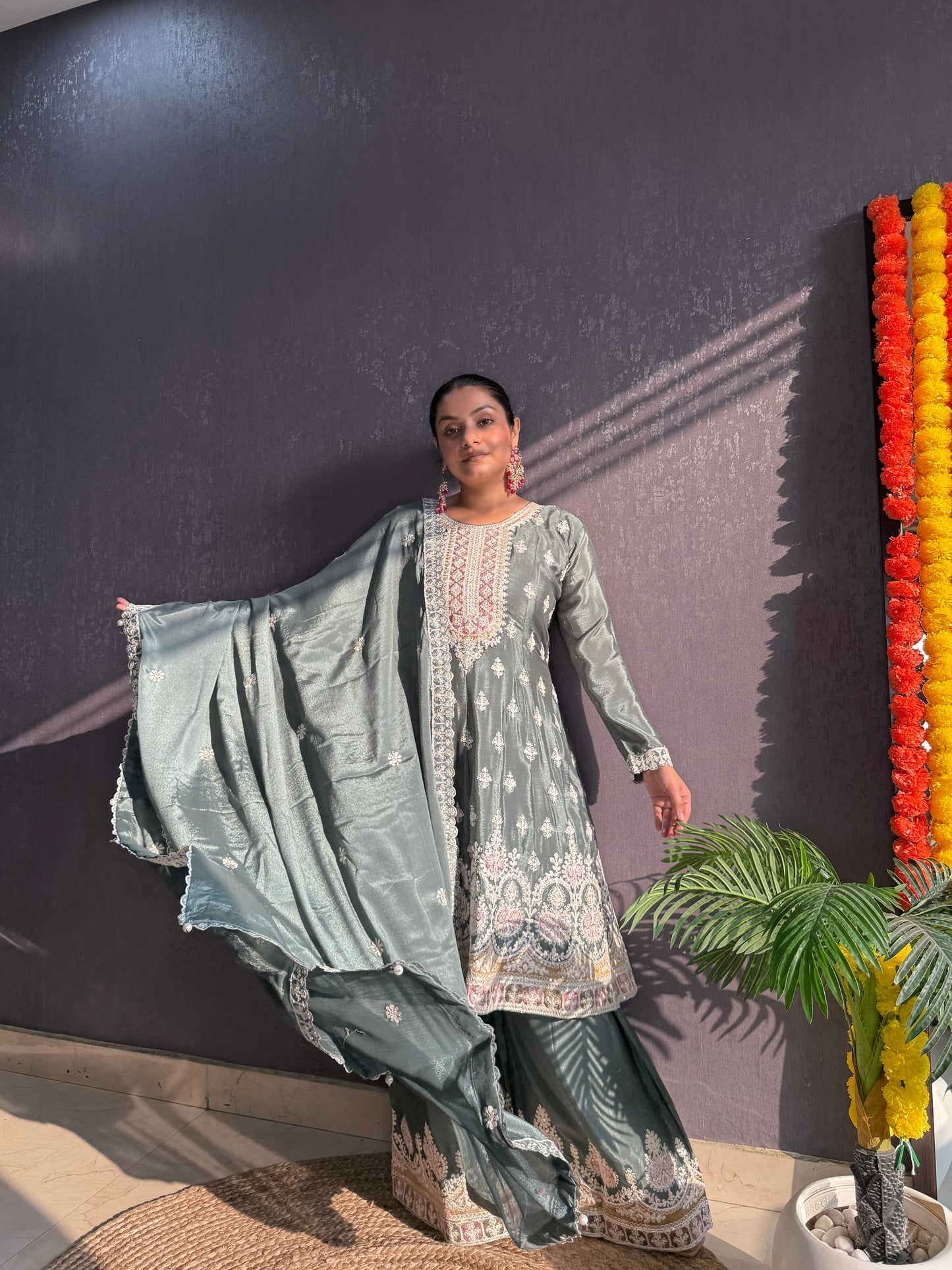 Chinon embroidered Anarkali Sharara suit