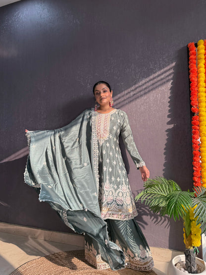 Chinon embroidered Anarkali Sharara suit