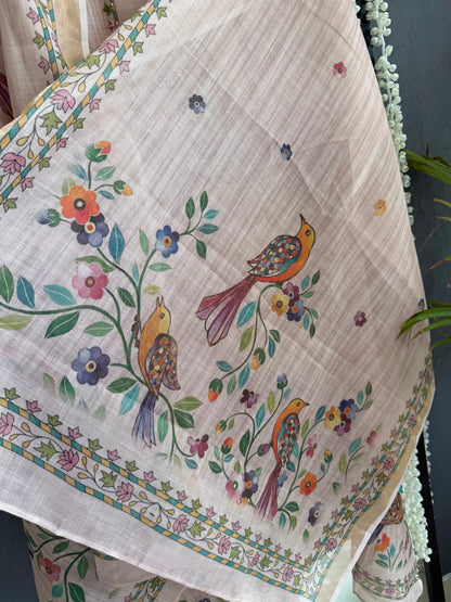 Linen birds kanthawork suit