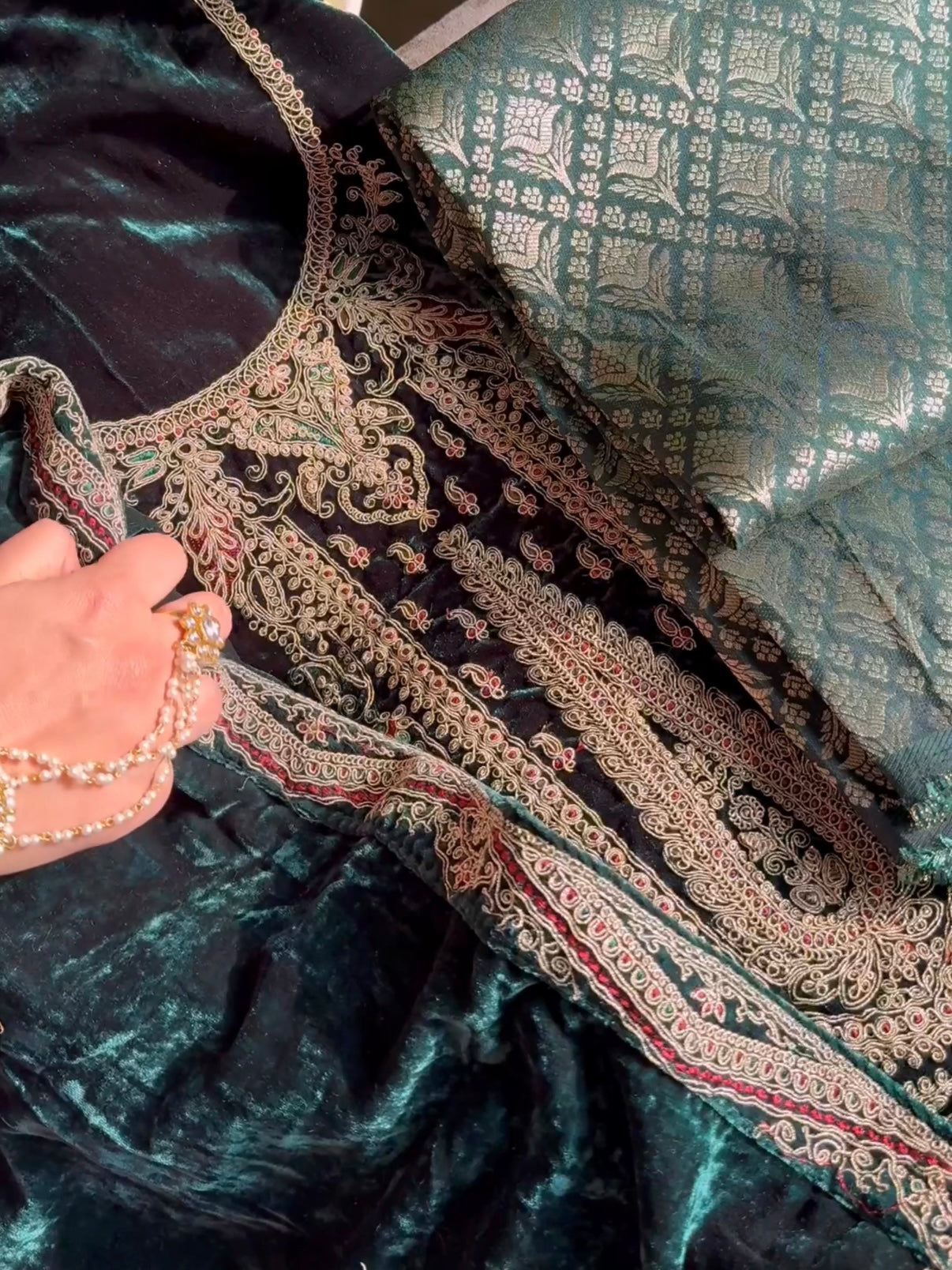 Velvet brocade marori aari work suit