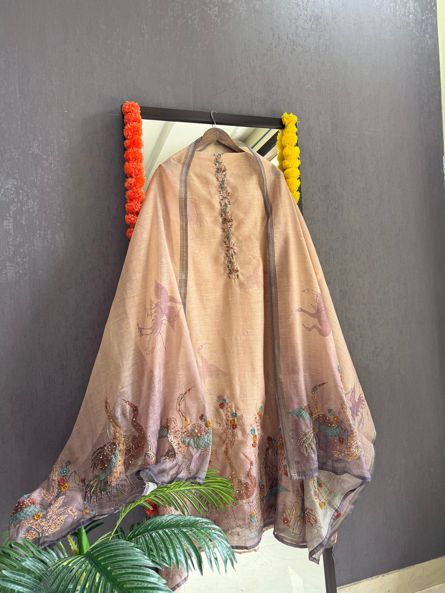 Pure linen birds frenchknot kantha work suit