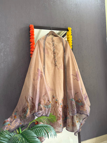 Pure linen birds frenchknot kantha work suit