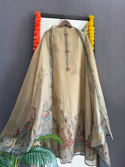 Pure linen birds frenchknot kantha work suit