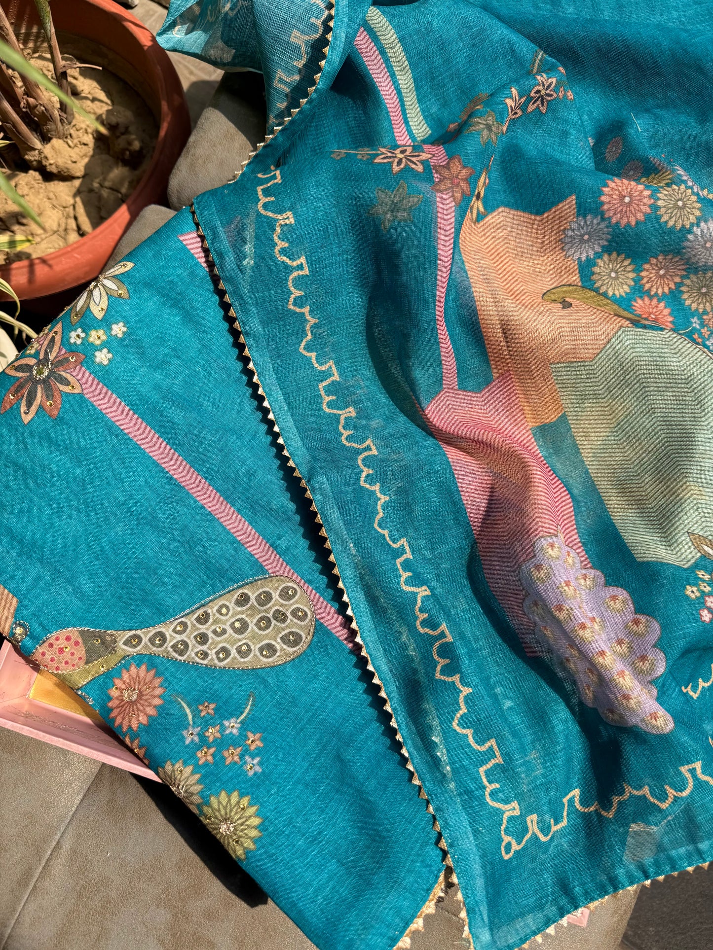 Linen peacock handwork suit