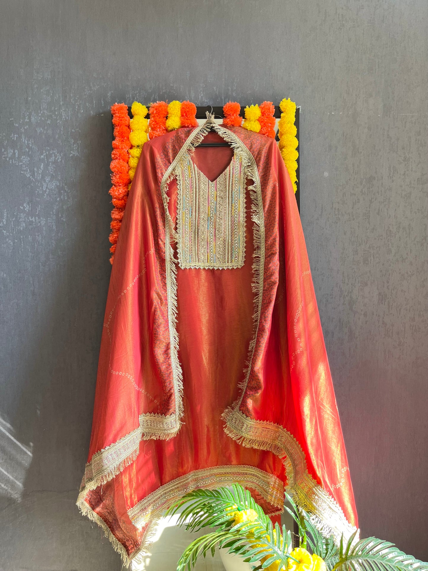 Luxurious zari woven tissue silk suit