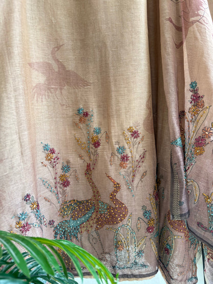Pure linen birds frenchknot kantha work suit