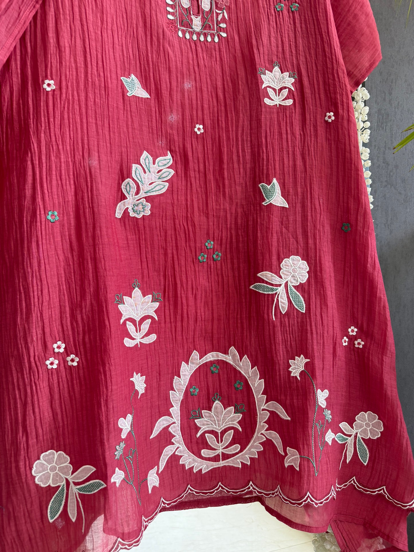 Luxurious Mul chanderi appliqué work suit