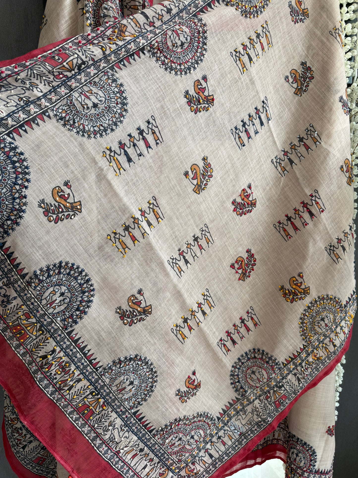 Linen worli art  Kantha work suit