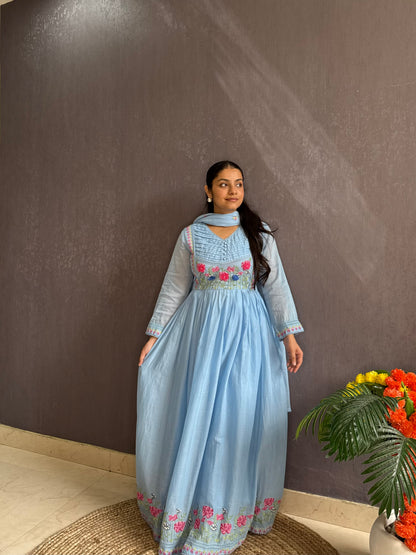 Mal cotton roses embroidered french knot Anarkali