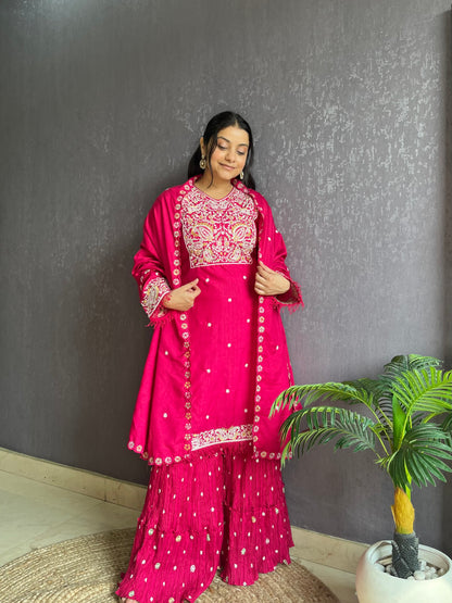 Silk embroidered shrara  suit