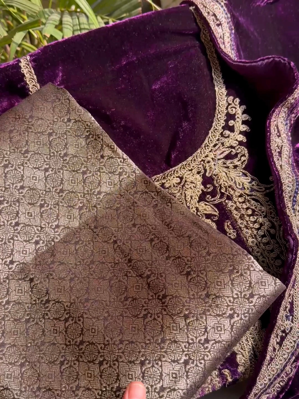 Velvet brocade marori aari work suit