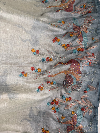 Pure linen birds frenchknot kantha work suit