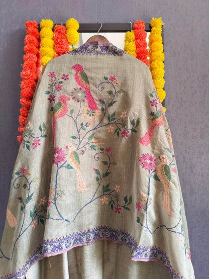 Pure linen birds frenchknot kantha work suit