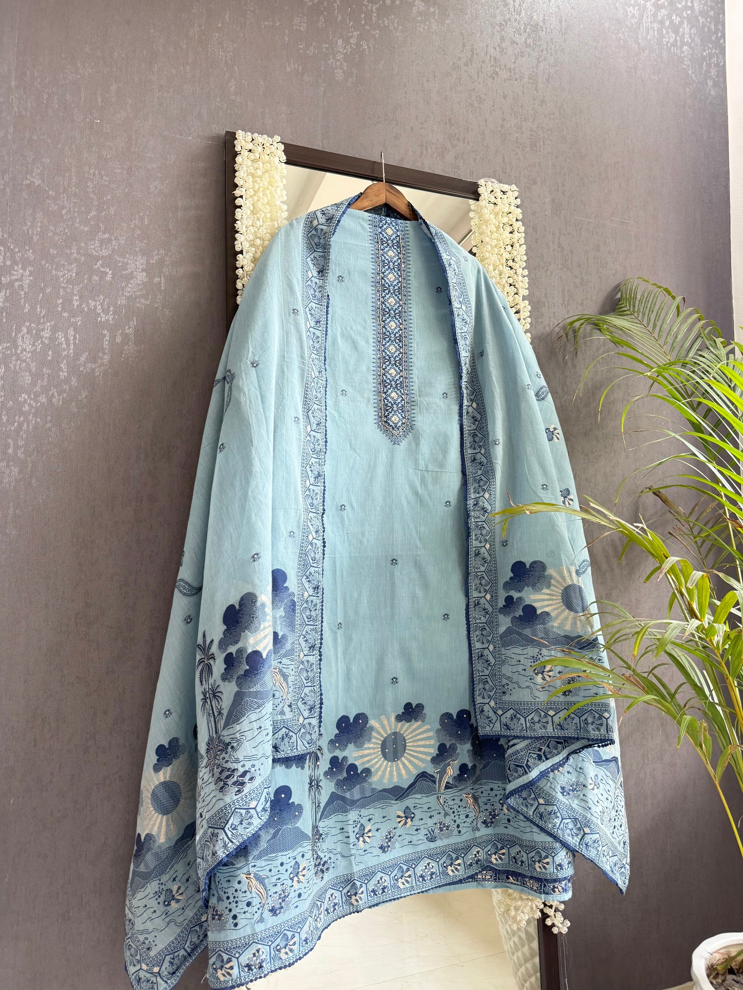 Cotton jamdani ocean dolphin suit