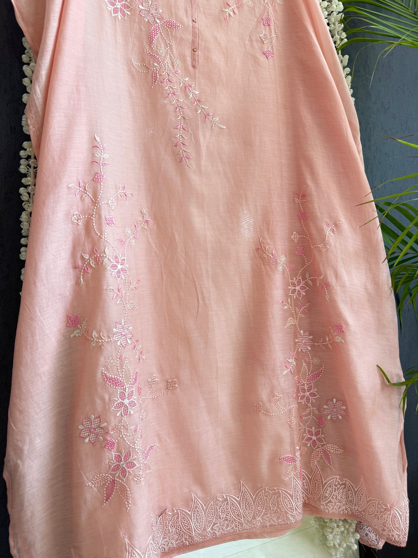 Luxurious Mul chanderi threadwork floral schiffili suit