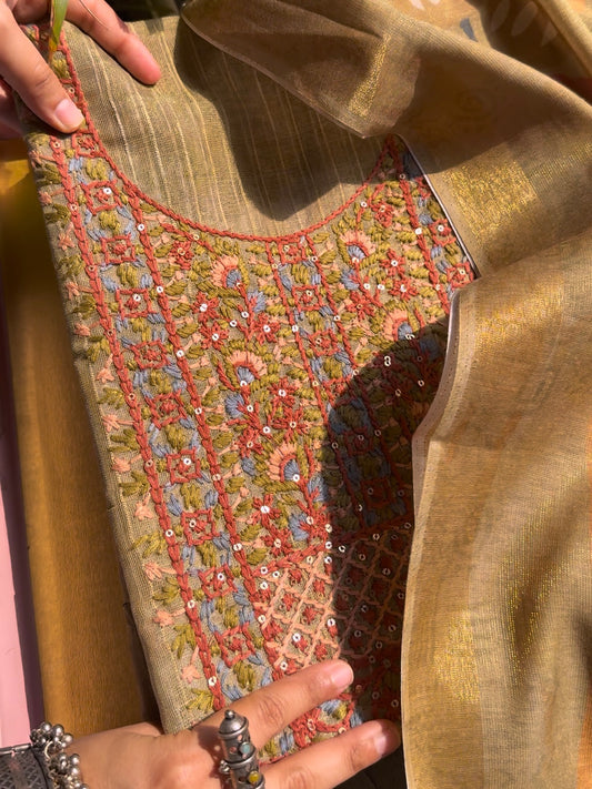 Pure linen kanthawork suit