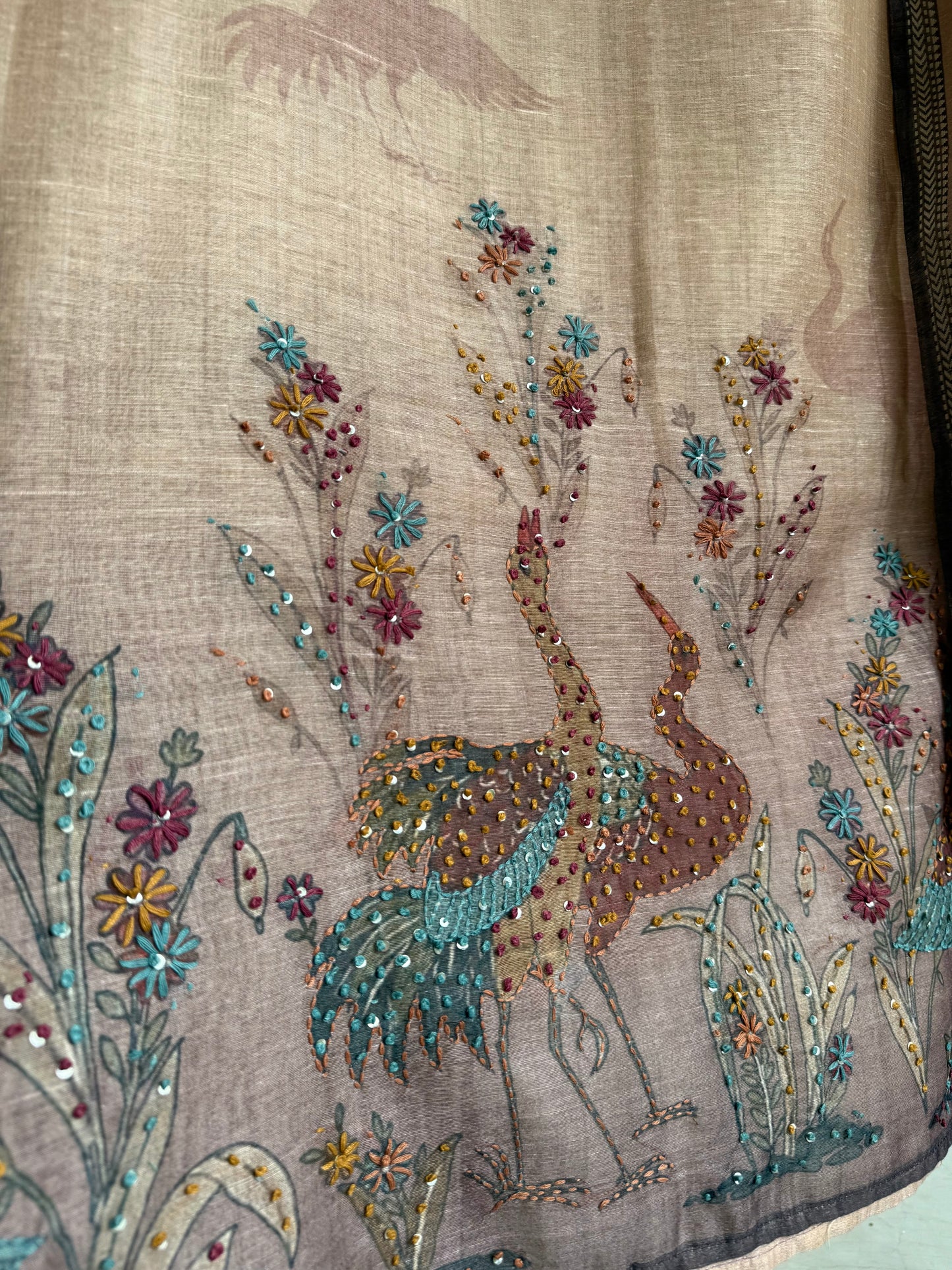 Pure linen birds frenchknot kantha work suit