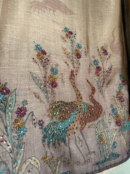 Pure linen birds frenchknot kantha work suit